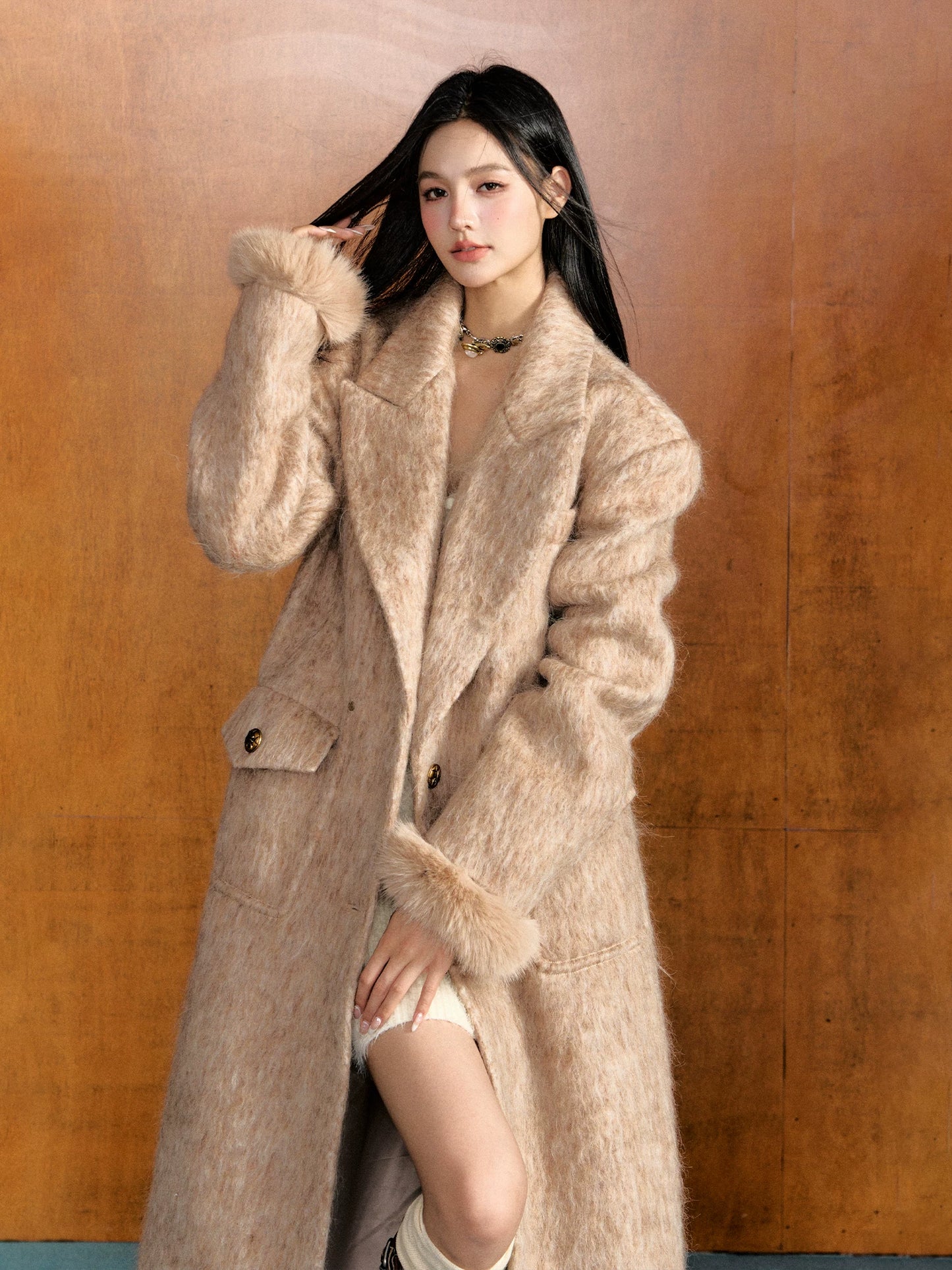 "Autumn in Sepia" Camel Detachable Faux Fur Wool Long Coat