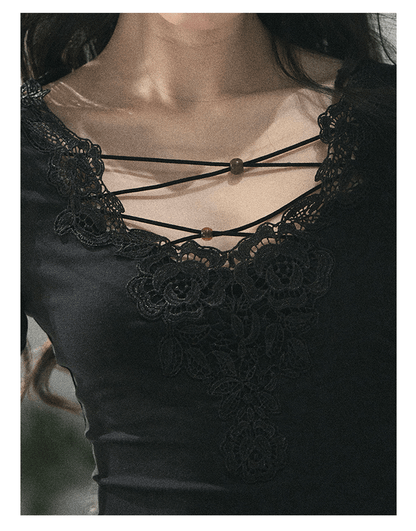 “Lace Summer Haven” Midnight Black Lace V-Neck Top