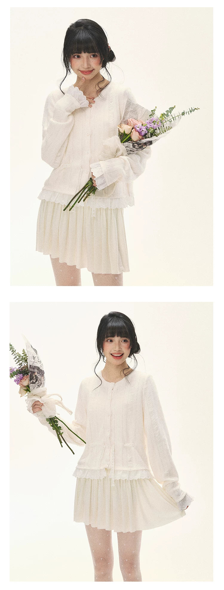 "Spring Memoir" TENCEL™ Wool Pleated Knit Midi Dress (Oat Gray/ Butter Cream)