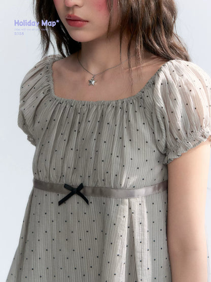 "Polka Dot Constellation" Gray Polka Dot Square Neck Puff Sleeve Top