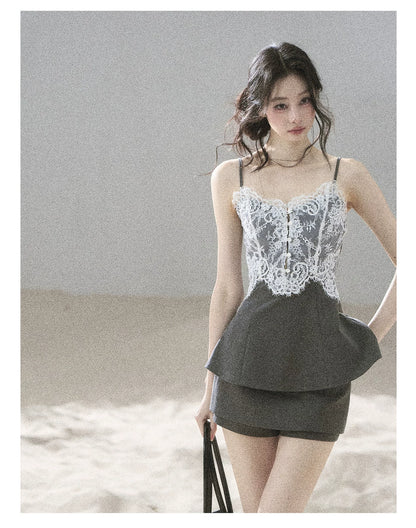 "Exclusively Hers" Intellect Gray Lace Cami & Skort Set