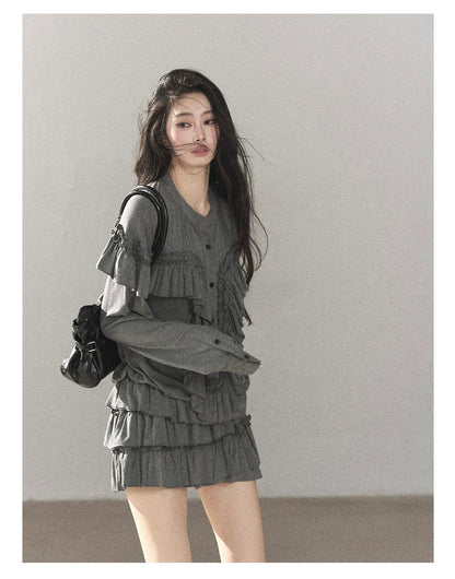 AOMALM - "Echoes in the Folds" Pearl Gray Relaxed Layered Mini Skort Set