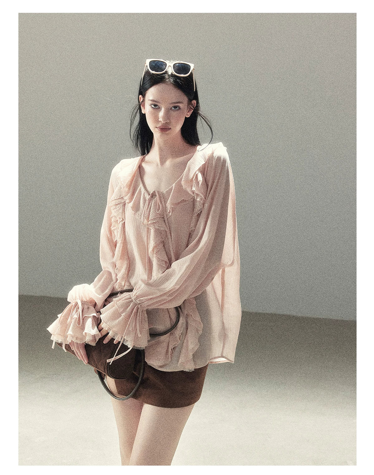 AOMALM - "A Featherlight Touch" French Camellia White Lace Chiffon Top with Belt (Camellia / Oatmeal / Cinnamon Pink)