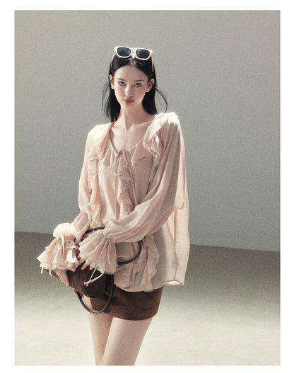 AOMALM - "A Featherlight Touch" French Camellia White Lace Chiffon Top with Belt (Camellia / Oatmeal / Cinnamon Pink)