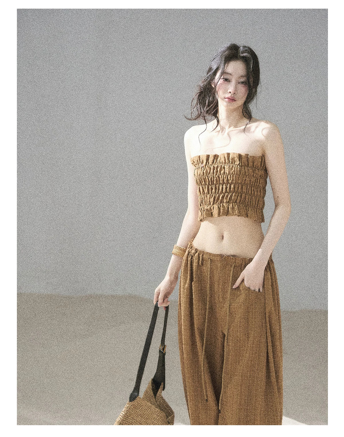 "Caramel Dusk" Ash Caramel Shirred Bandeau Top & Relaxed Pants Set