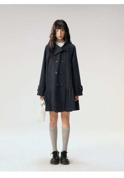 [CAN] "Azure Echoes" Navy Double-Breasted Bow Long Trench Coat
