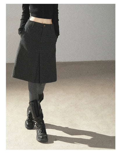 AOMALM - Rich Black Wool-Blend Pleated A-Line Midi Skirt