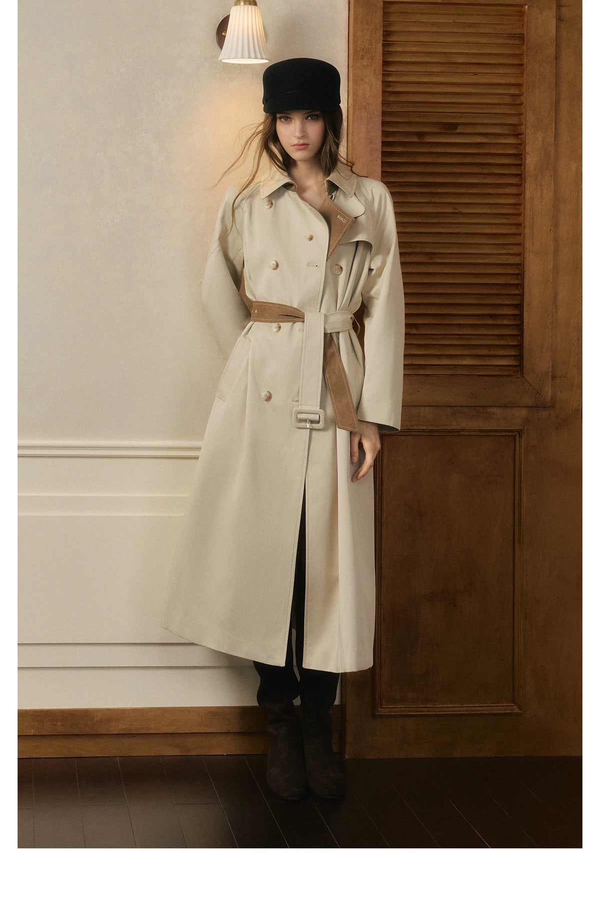 oshea - Moonlight Gray Double-Breasted Belted Long Trench Coat