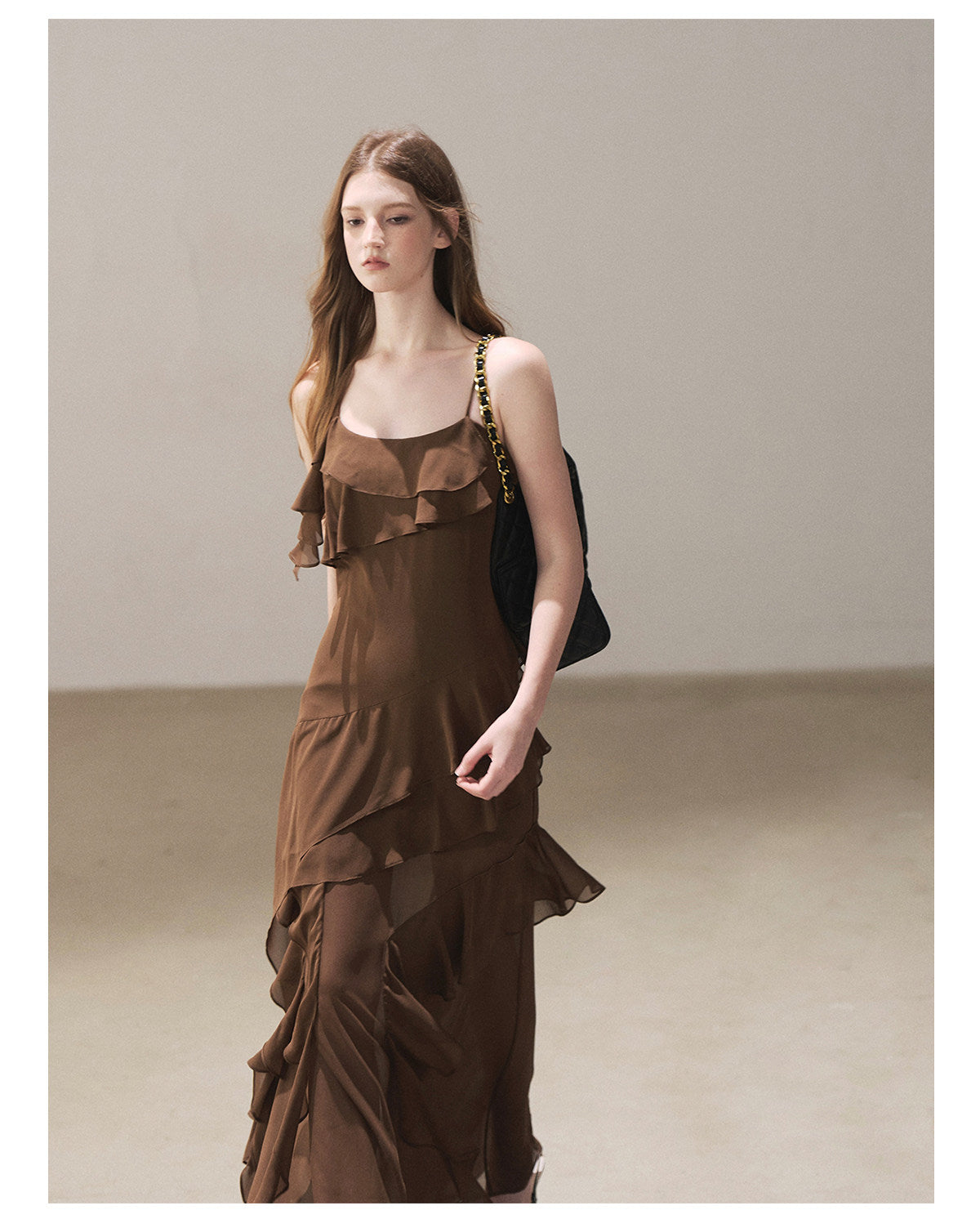 170726 "Whispers Beneath the Brown Skirt" Mocha Mousse Ruffle Cami Mini Dress + Gray Taupe Tailored Blazer