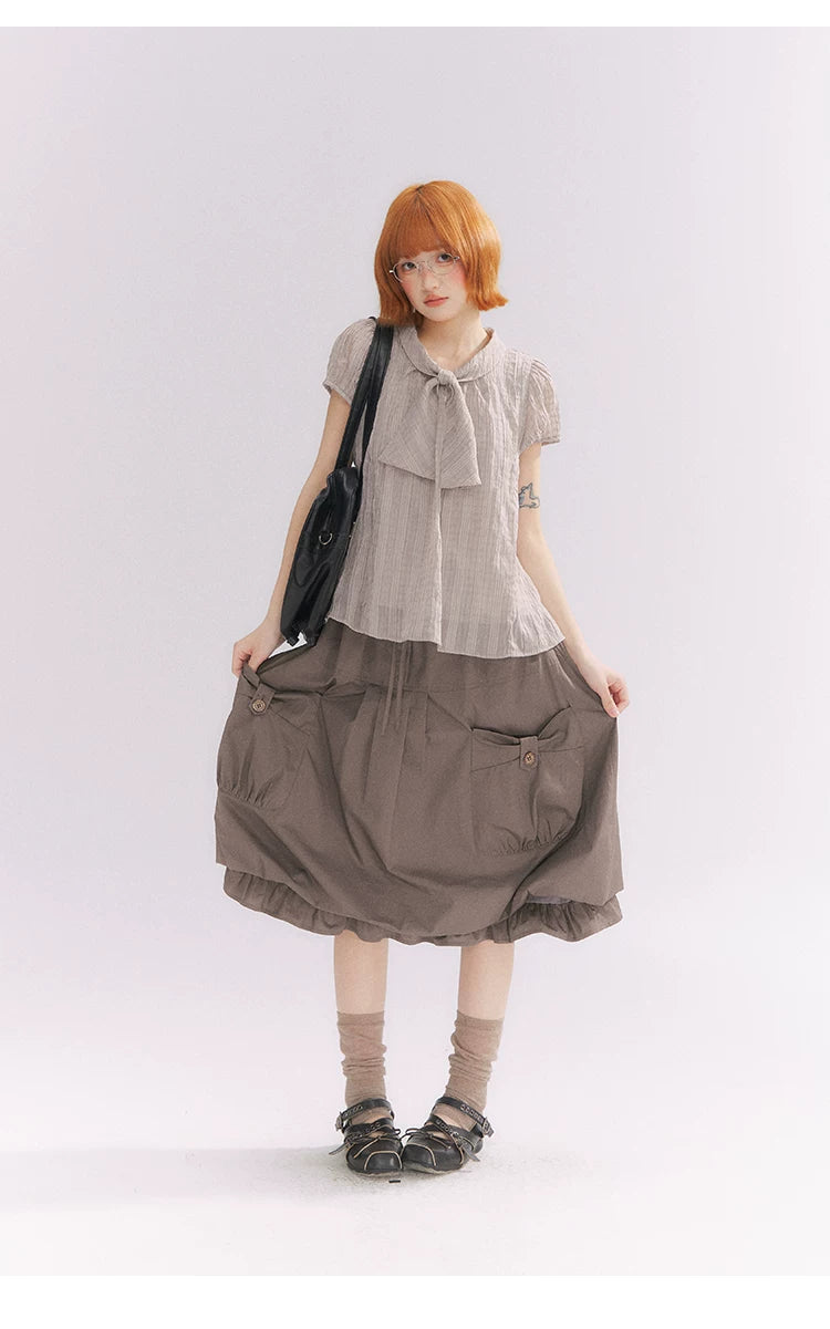 “Sweet & Cool Girl” Taupe Bow Drawstring High-Waist A-Line Cargo Skirt