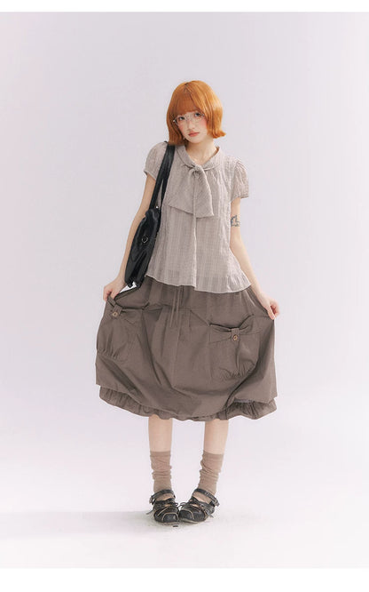 “Sweet & Cool Girl” Taupe Bow Drawstring High-Waist A-Line Cargo Skirt