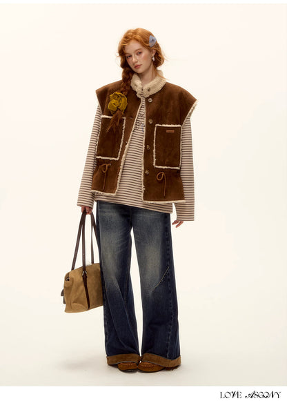 ASGONY - Brown Reversible Suede Faux Shearling Drawstring Vest