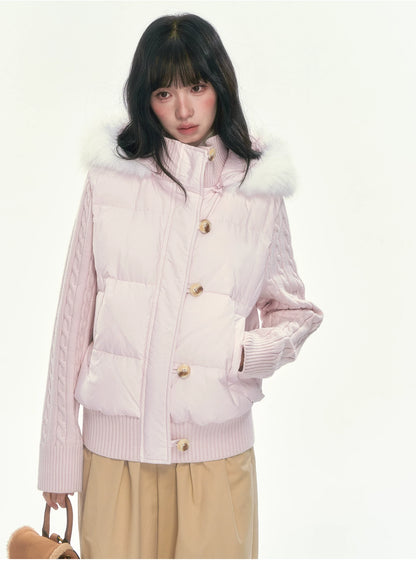 CAN - "The Macaron Affair" Cable-Knit Collar Puffer Jacket (Water Blue / Light Pink)