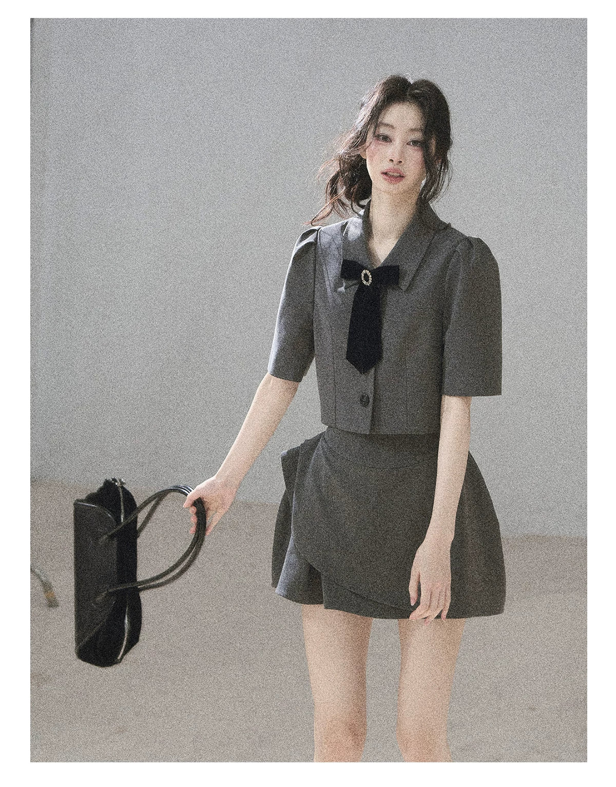 "Paris Afternoon" Slate Gray Bow Top & A-Line Mini Skirt Two-Piece Set