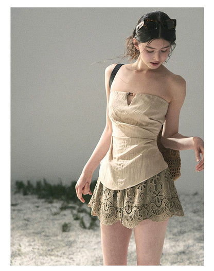 “Lost in Your Embrace” Roasted Pecan Lace Puff Skort