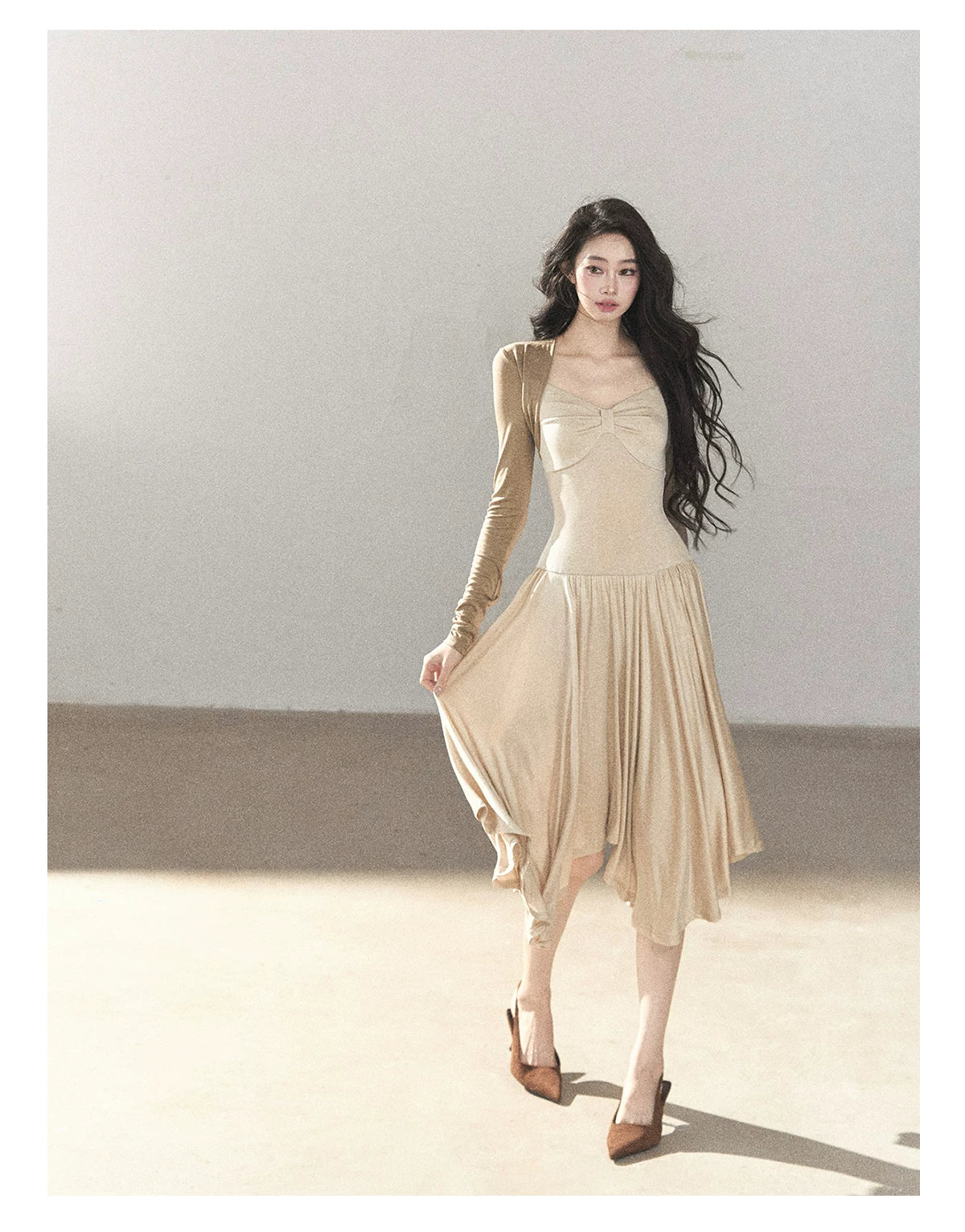 AOMALM - Light Sand Faux Two-Piece Midi Dress with Draped Shawl