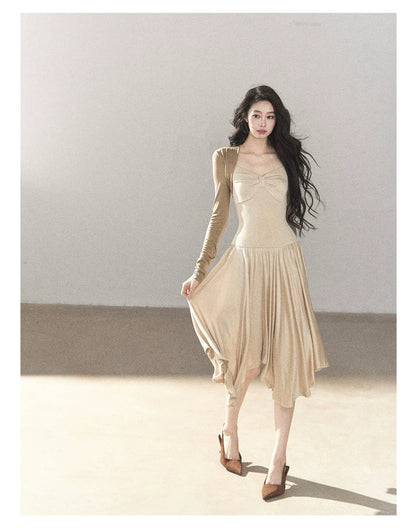 AOMALM - Light Sand Faux Two-Piece Midi Dress with Draped Shawl