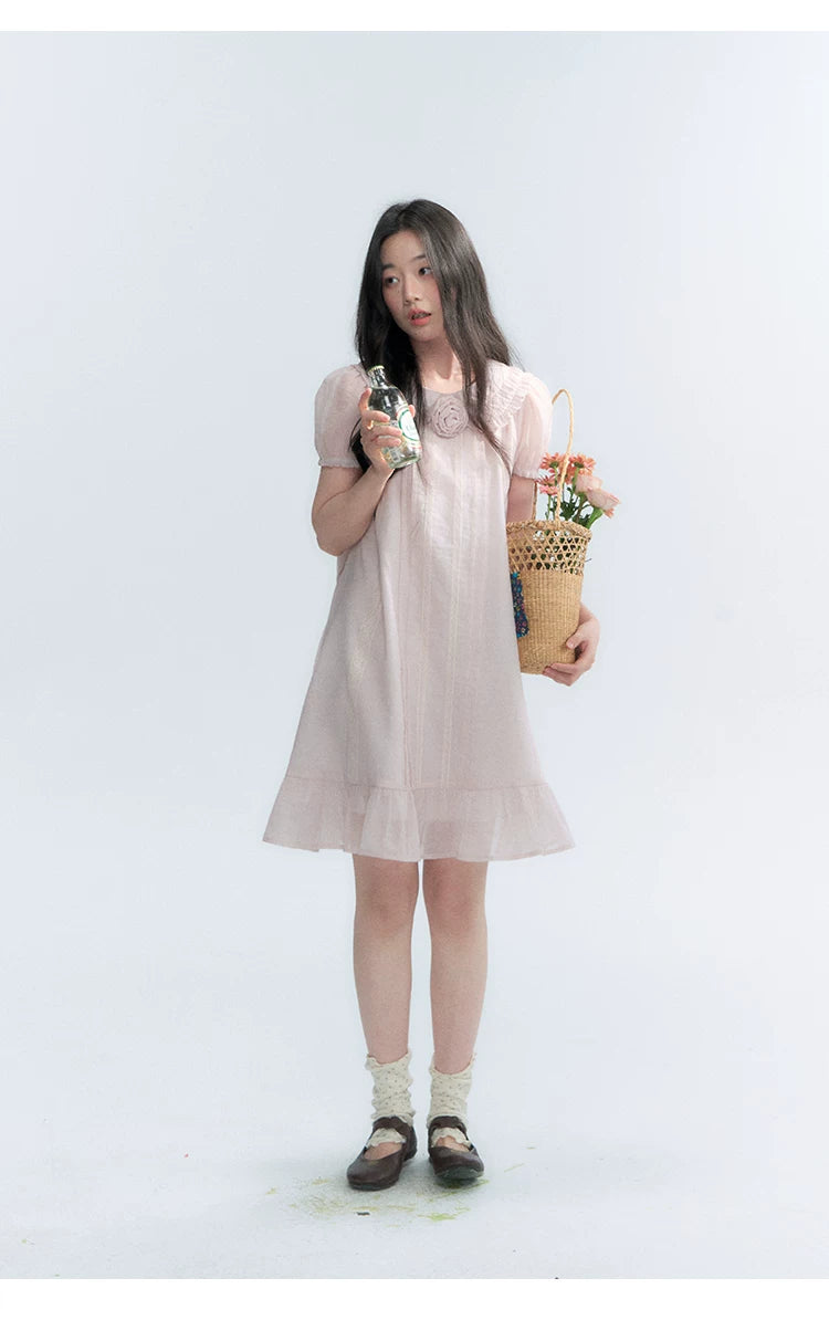 "Misty Wild Rose" Detachable Rose Lace Trim Puff Sleeve Midi Dress