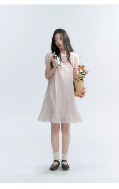 "Misty Wild Rose" Detachable Rose Lace Trim Puff Sleeve Midi Dress