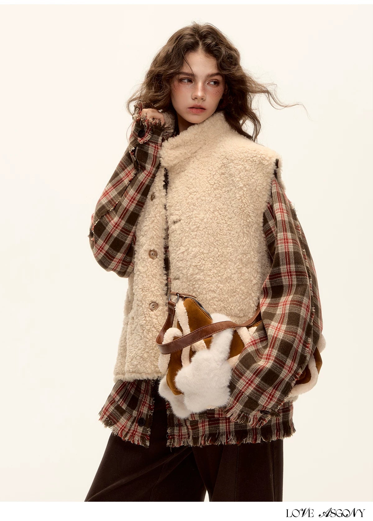 ASGONY - Brown Reversible Suede Faux Shearling Drawstring Vest