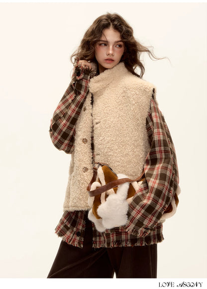 ASGONY - Brown Reversible Suede Faux Shearling Drawstring Vest