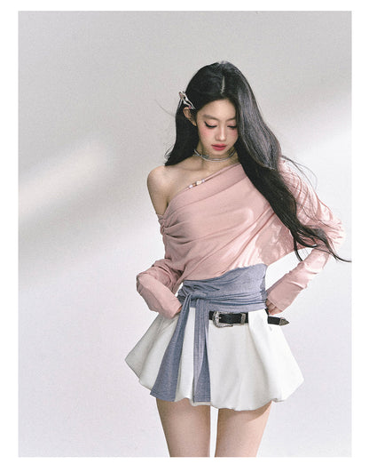 少也眼 "Soft & Sweet" Korean Asymmetric Off-Shoulder Cropped Spicy Girl Tee
