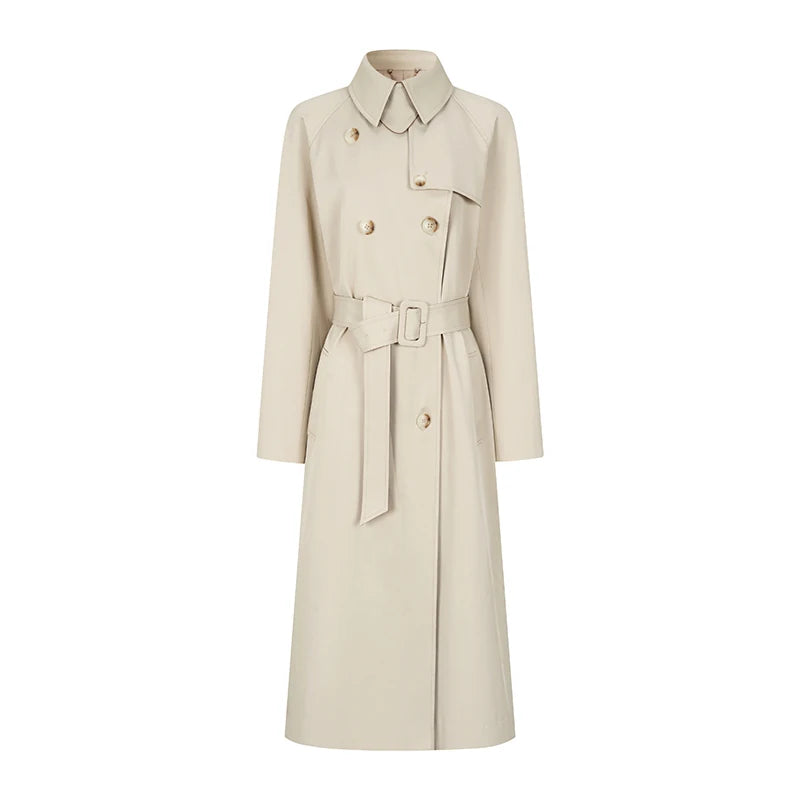 oshea - Moonlight Gray Double-Breasted Belted Long Trench Coat