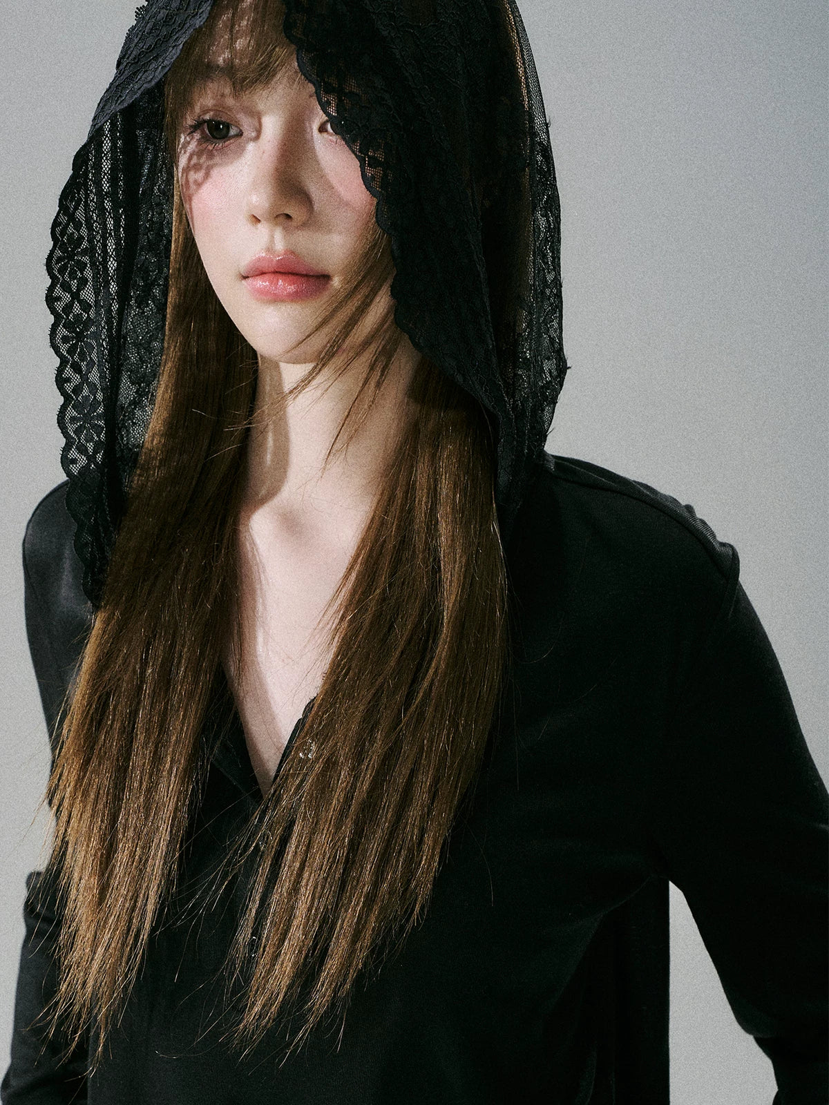 LOST FOREST - Black Lace Bow-Detail Long-Sleeve Top