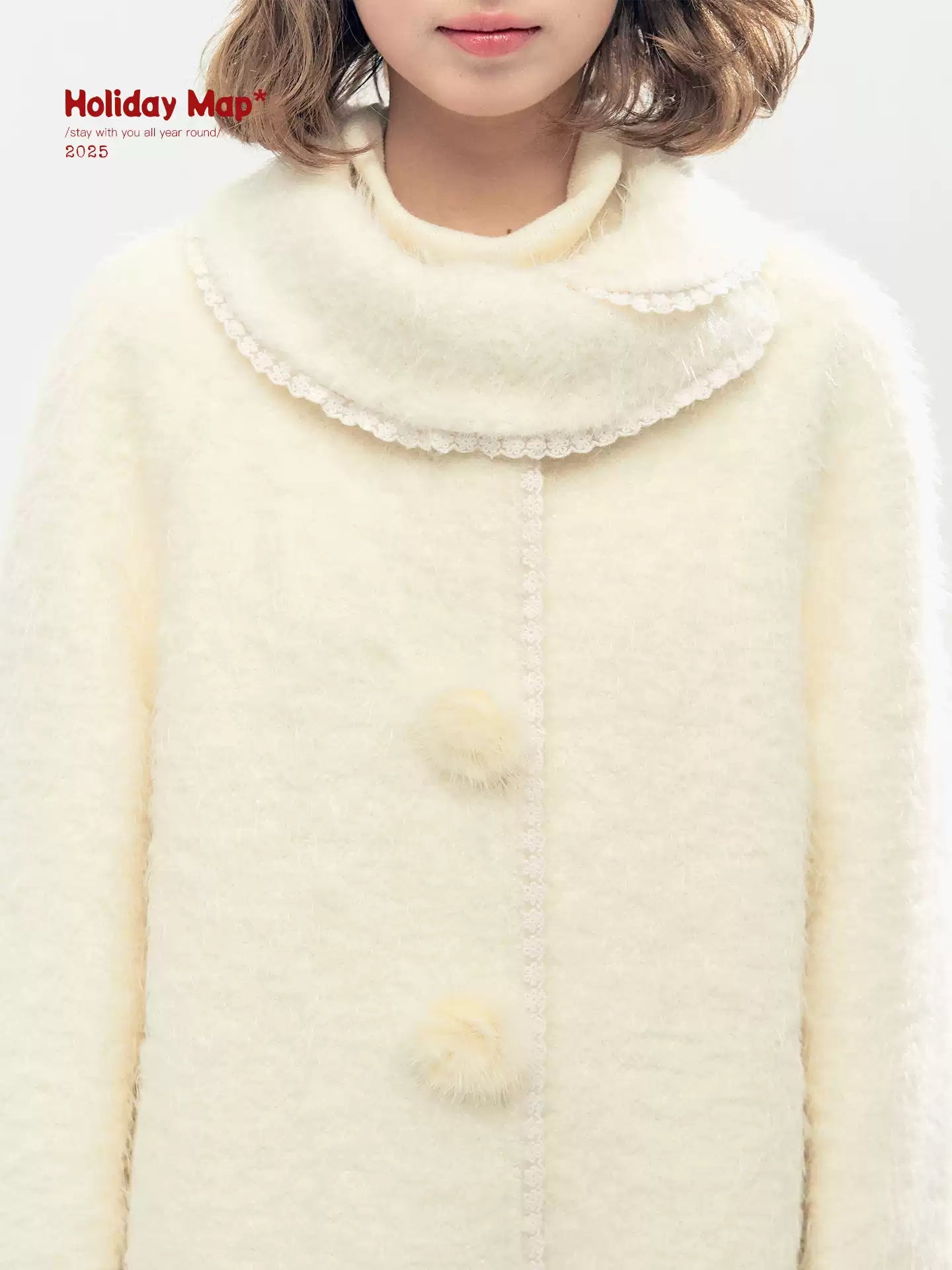 "Snow-Kissed Sakura" Ivory Wool-Blend Quilted Mid-Length Coat with Detachable Plush Flowers