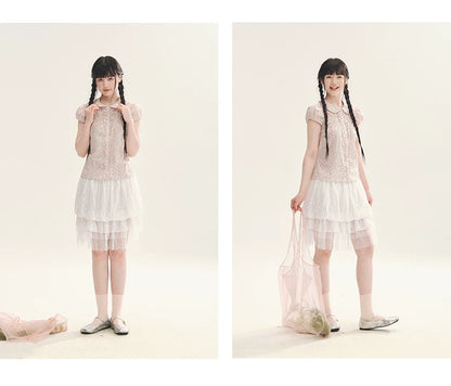"Black & White Sonata" Polka Dot Mesh Tiered Jellyfish Skirt (White/ Black)