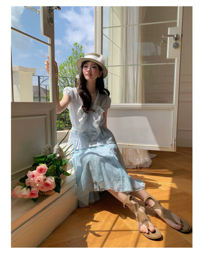“Blue Breeze Sonata” Blue Ruffle Lace Blouse