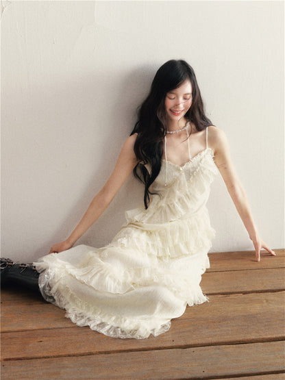 1P - Ivory Lace Ruffle Pleated Camisole Dress