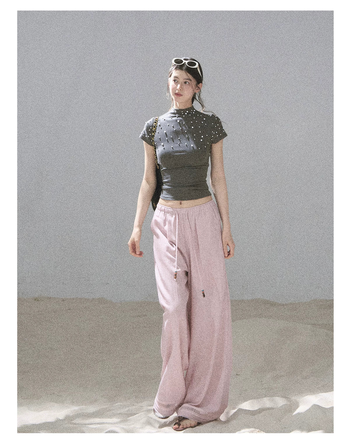 "Scattered Across the Milky Way" Pearl Beaded Knit T-Shirt (Haze Blue/ Sage Gray)