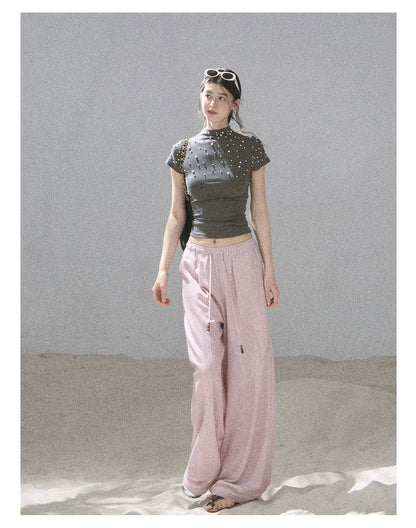 "Follow the Sea Breeze" Lightweight Straight-Leg Wide-Leg Pants (Lotus Pink/ Gray Sage Green/ Gray Blue)
