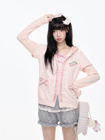 KYOUKO - Pink Hooded Zip-Up Jacket & Gray Ruffle Pants Set