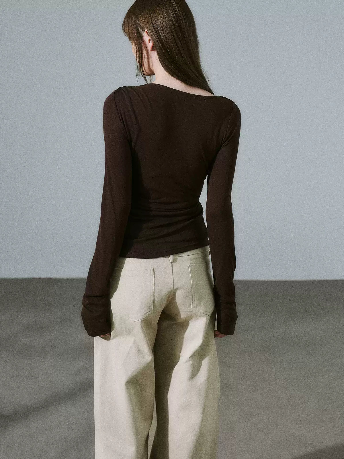 LOST FOREST - Dark Walnut Brown Ruched Wool Blend Top