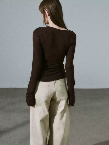 LOST FOREST - Dark Walnut Brown Ruched Wool Blend Top