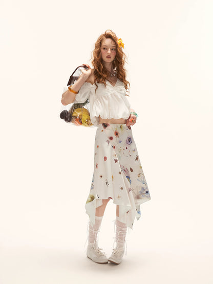 "Ethereal Blossom Veil" Puff Sleeve Layered Camisole Top – White WE925