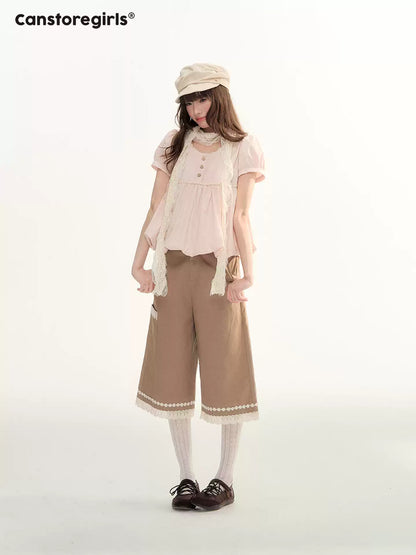 Caramel Lace Trim Cropped Straight-Leg Pants WW2026085