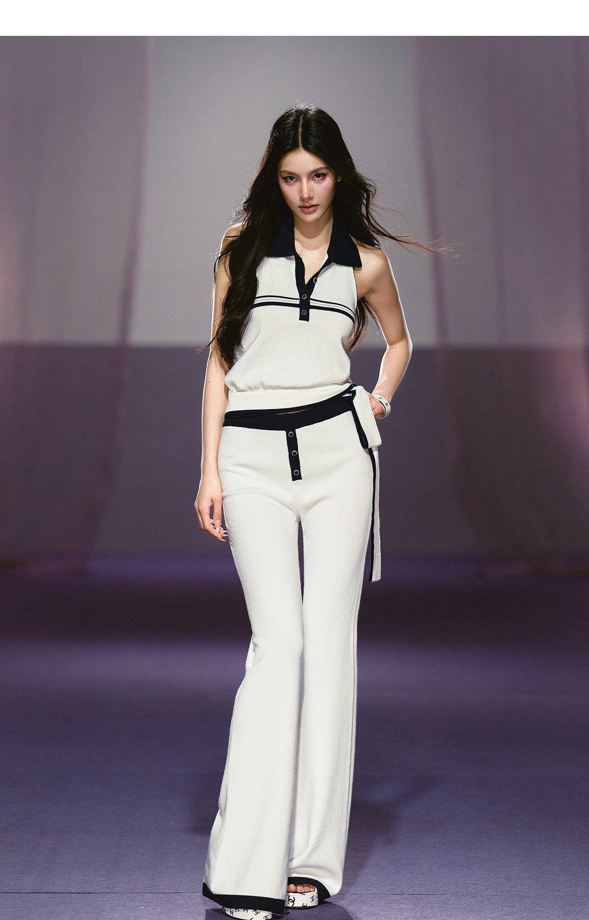 "Coastal Ease" Ivory Halter Knit Top & Contrast Knit Flare Pants Set