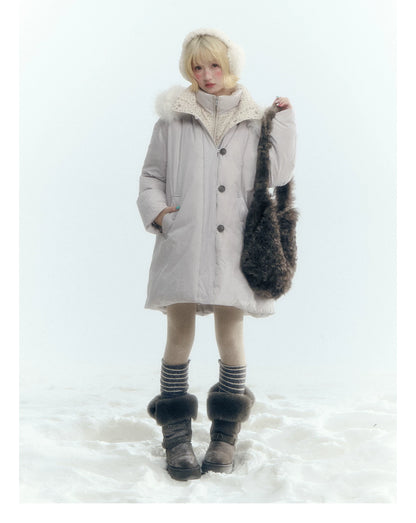 Horridale - Snow-Dusted Floral 90% White Duck Down Puffer Jacket (Light Peach Pink / Silver Gray)