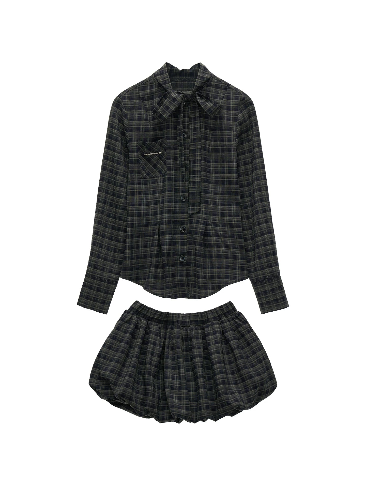 "Retro Prep Mood" Plaid Tie Shirt & Puff Mini Skirt Set WE701