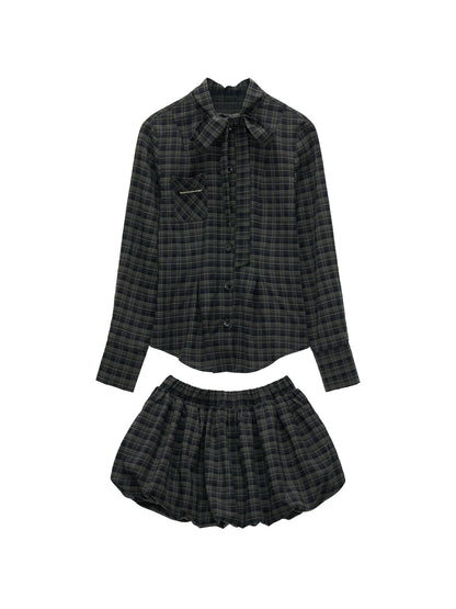 "Retro Prep Mood" Plaid Tie Shirt & Puff Mini Skirt Set WE701