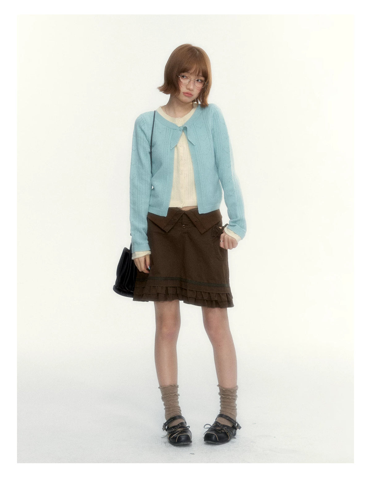 “Wild Caramel” Brown Washed Layered Ruffle Bow Pocket A-Line Skirt