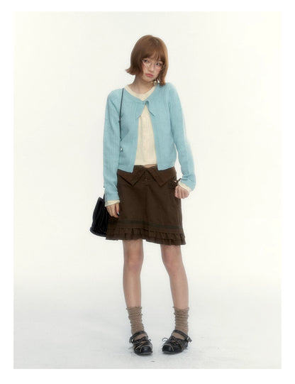 “Wild Caramel” Brown Washed Layered Ruffle Bow Pocket A-Line Skirt