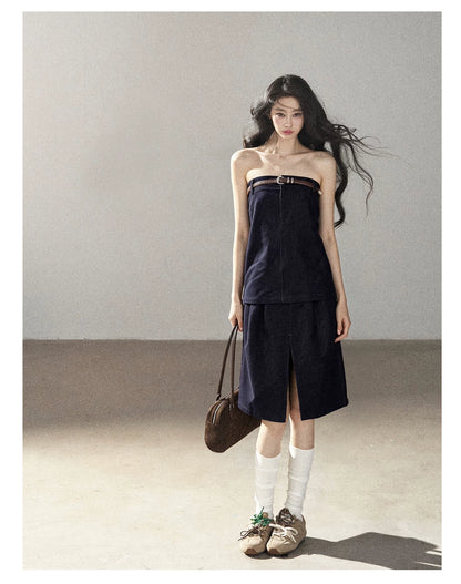 AOMALM - "Bluebell in Suspension" Navy Blue Korean Denim-Inspired 2-Piece Skirt Set