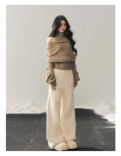 少也眼 "Echo of Sunset" Off-Shoulder Turtleneck Knit Two-Piece Set