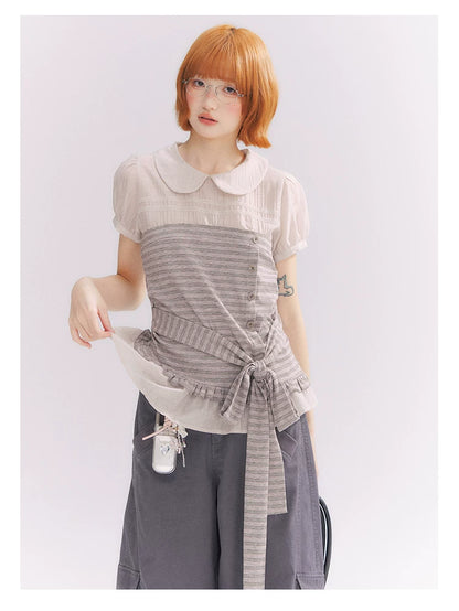 “Old Keepsake Letters” Frost Gray Doll Collar Lace Two-Piece Set