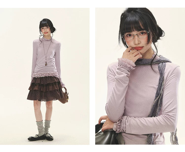 "Misty Ripples" Misty Lavender Lace Mock Neck Knit Top