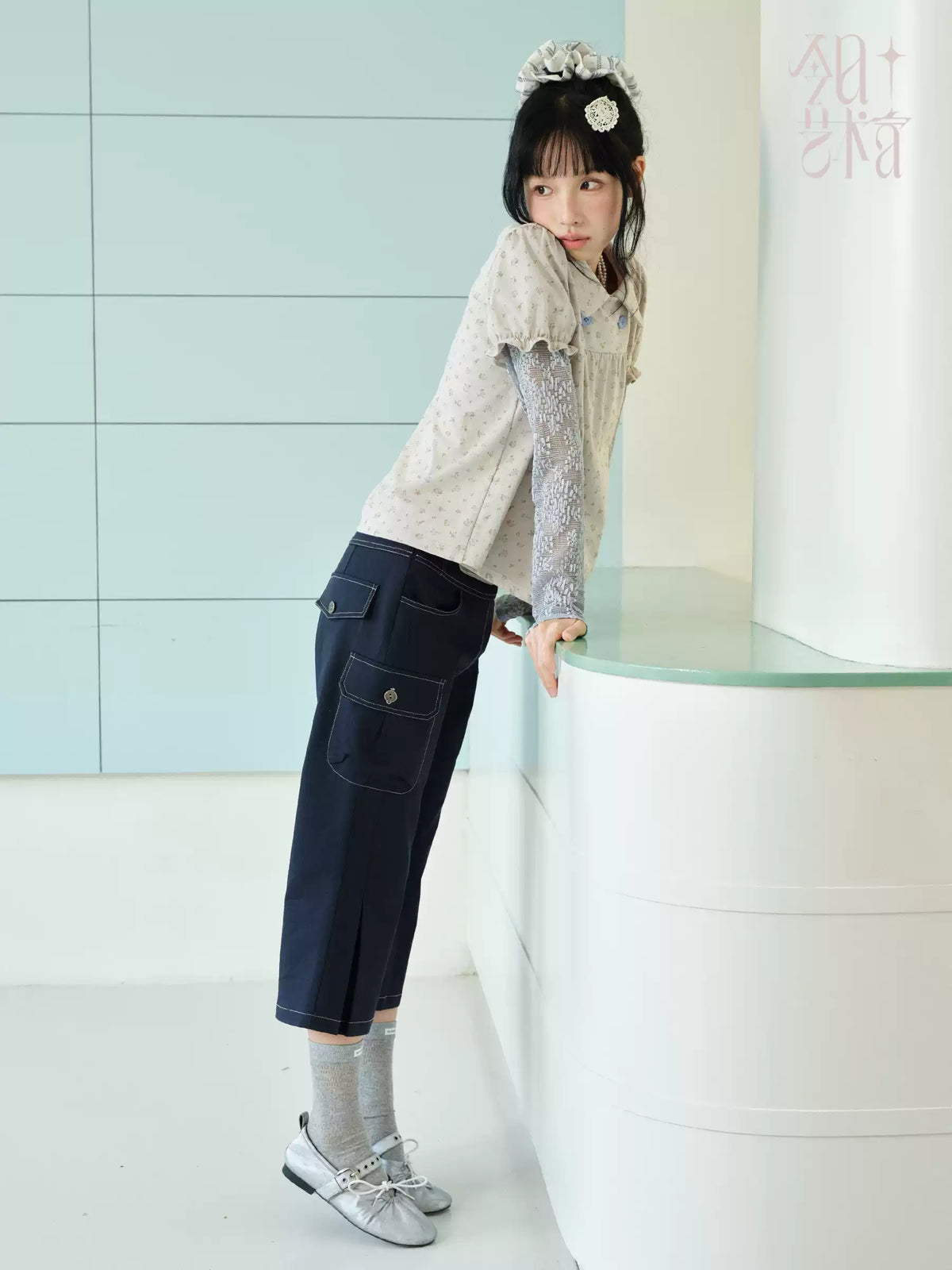 DAILY ARTIST - “Blue Letters of Memory” Gray Blue Floral Faux-Layer Lace Knit Top